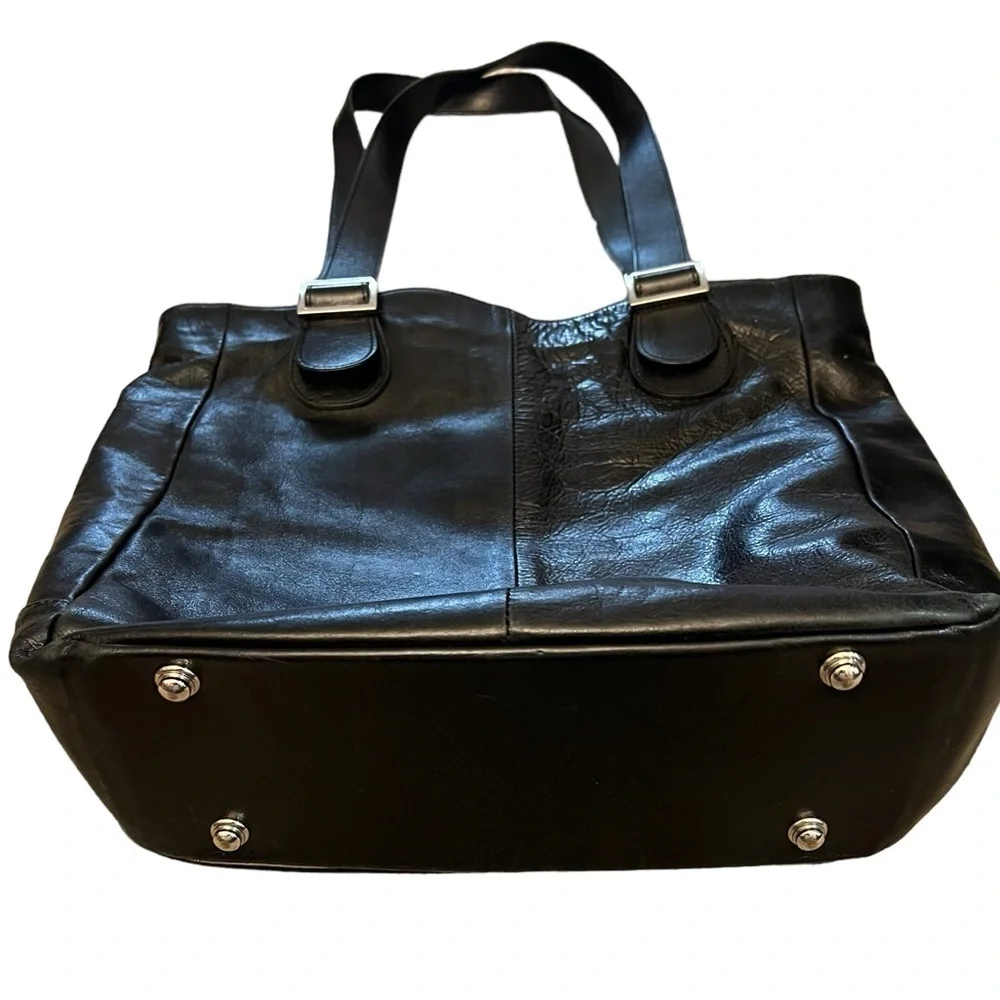 PLY New York Black & Brown 2 Tone Leather Tote Bag with Pocket & Striped Lining